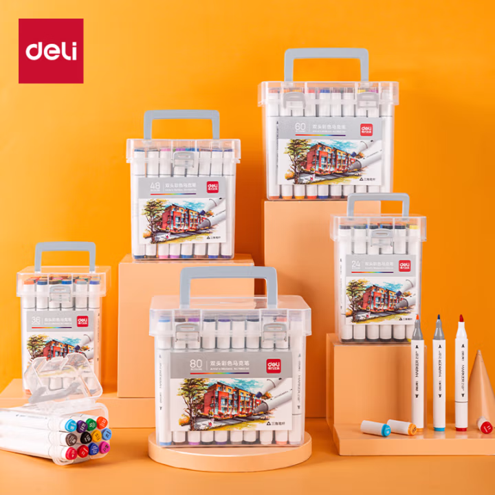 得力70803-80色酒精性三角杆马克笔(混)(80色/桶)