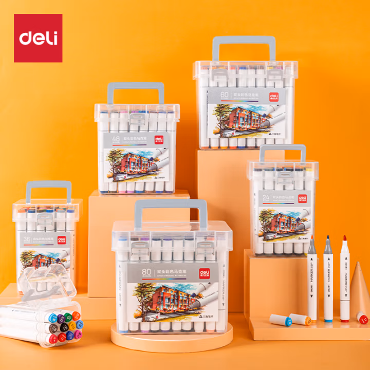 得力70803-12色酒精性三角杆马克笔(混)(12色/桶)