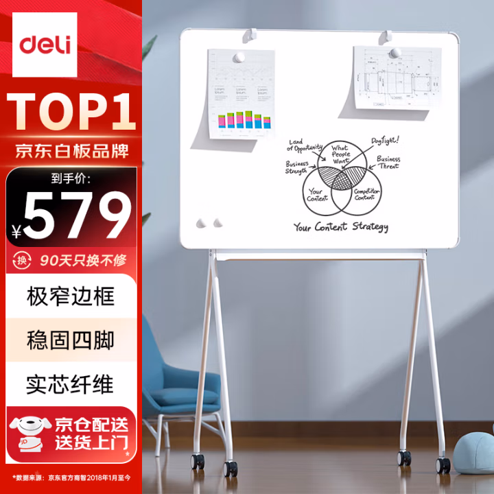得力MB714芭蕾支架窄框白板900*1200mm(白色)(块)