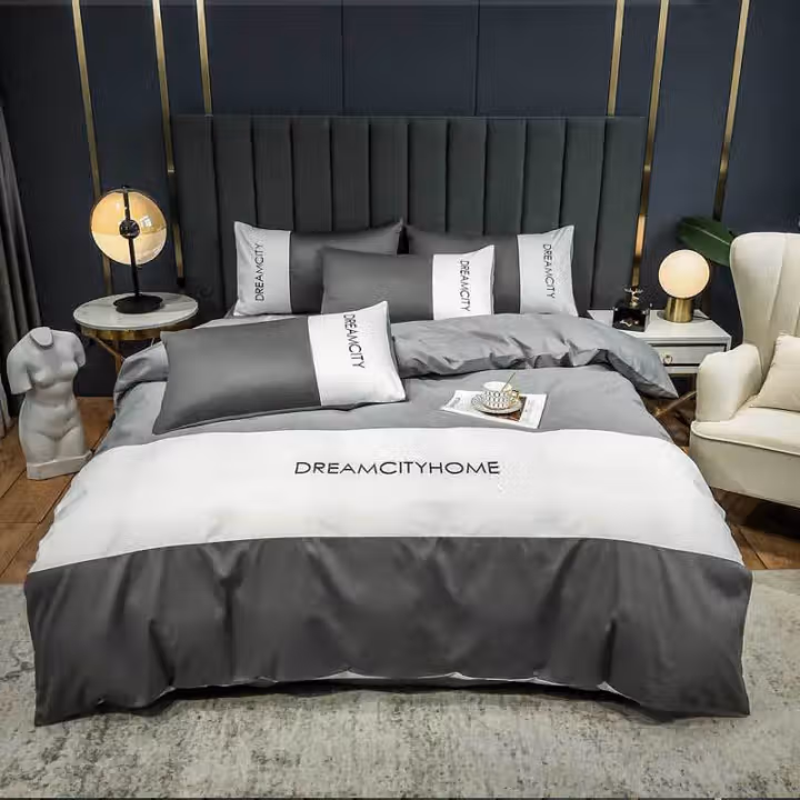 安居先森 D1605四件套 色拼高支高密全棉贡缎双人床四件套活性印染 (计价单位：套) 灰色