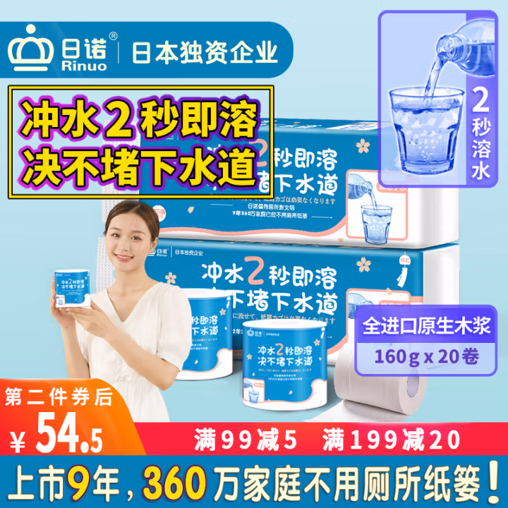 日诺(Rinuo) 4层160克 10卷/提 可溶水有芯 卫生纸 2.00 提/组 (计价单位：组)