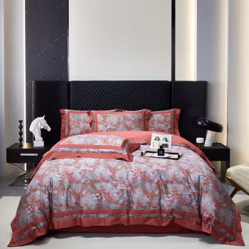 纺语柔 F1227 / 1.8m床 纯棉印花田园系列 床单被罩枕套四件套 床上套件 (计价单位：套) 繁花似锦-绛红