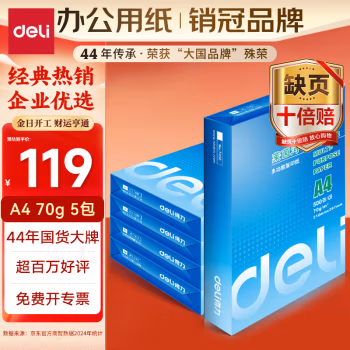 得力(deli) 莱茵河系列   70g A4 500张/包 5包/箱 复印纸 (计价单位：箱) 白色