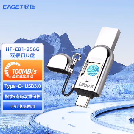 忆捷（EAGET） HF-C01-256G 指纹加密USB3.1+TYPE-C U盘 (计价单位：个) 亮银色