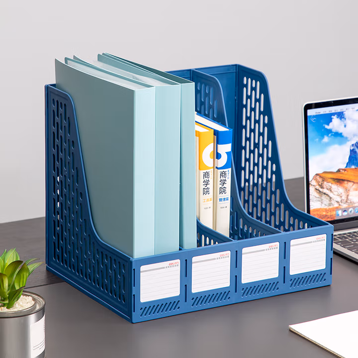 得力（deli）四联镂空桌面文件框带标签稳固办公文件架 78998-蓝色(四联)               