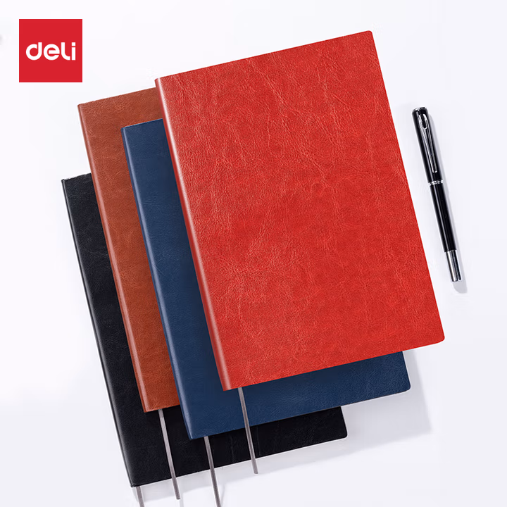 得力（deli）皮面本办公笔记本会议记事本16K80张/本250*175mm（4色可选）6900-16 棕               